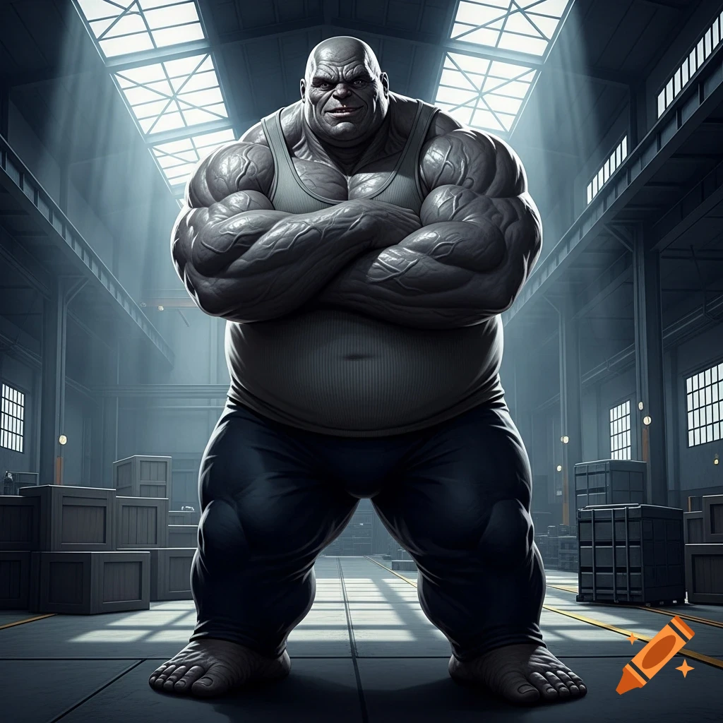 A giant, bald, grey-skinned muscular man in a tank top stands with arms crossed in a dimly lit warehouse.