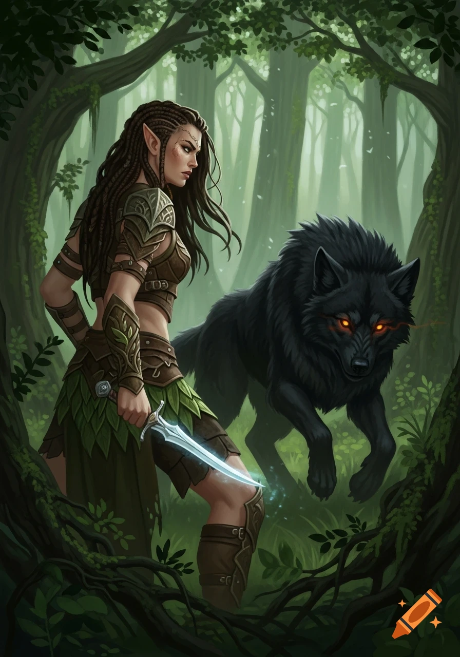 A fierce elf warrior with braided hair holding a glowing dagger faces a black wolf with glowing eyes in a mystical forest. Digital painting.