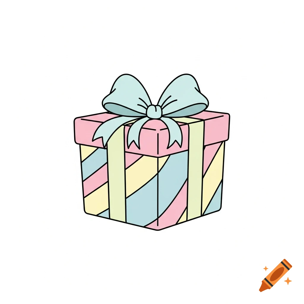 A simple, cartoon-style illustration of a pastel-colored gift box with stripes, tied with a light blue bow, on a white background.