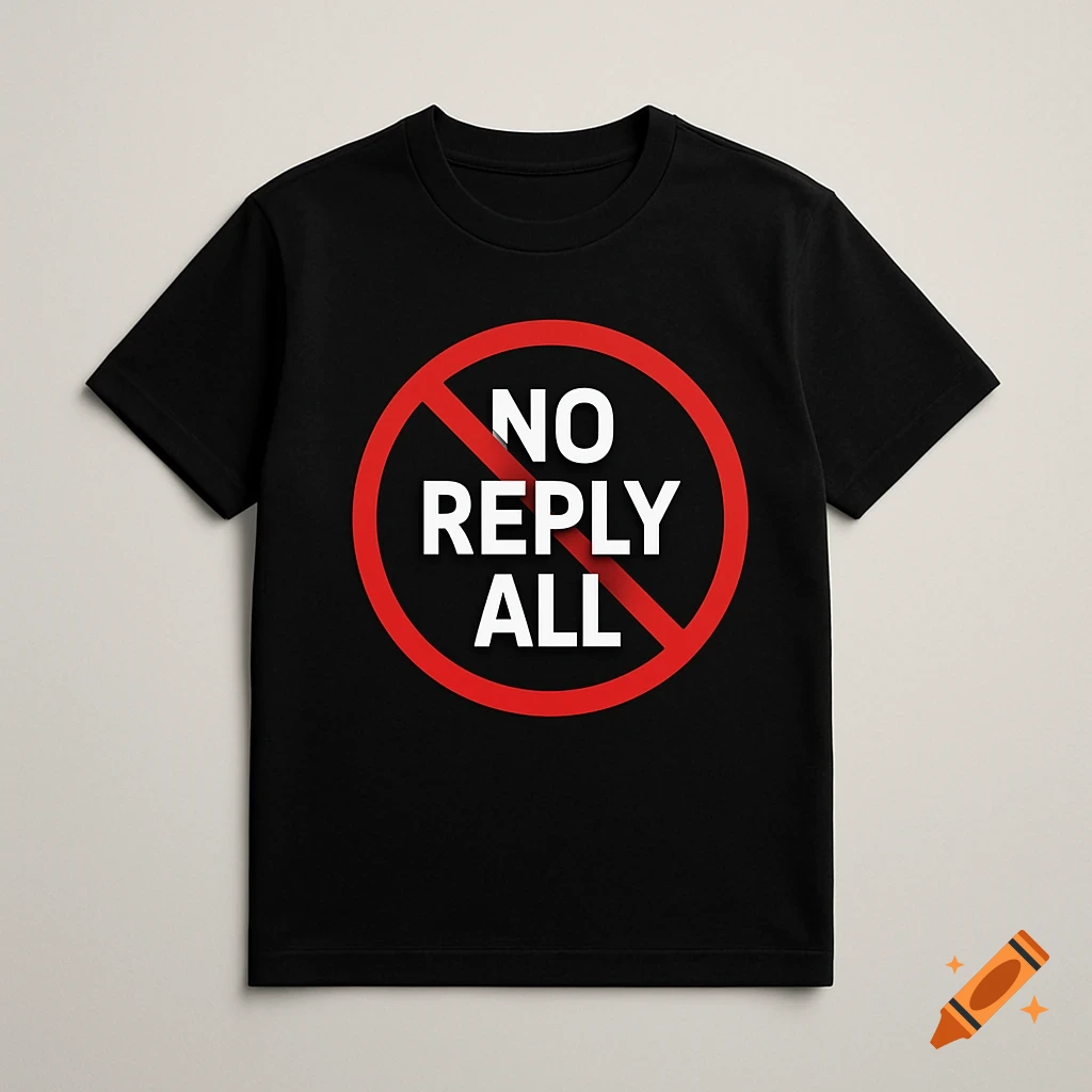 A black t-shirt featuring a red prohibition sign over the white text "NO REPLY ALL".