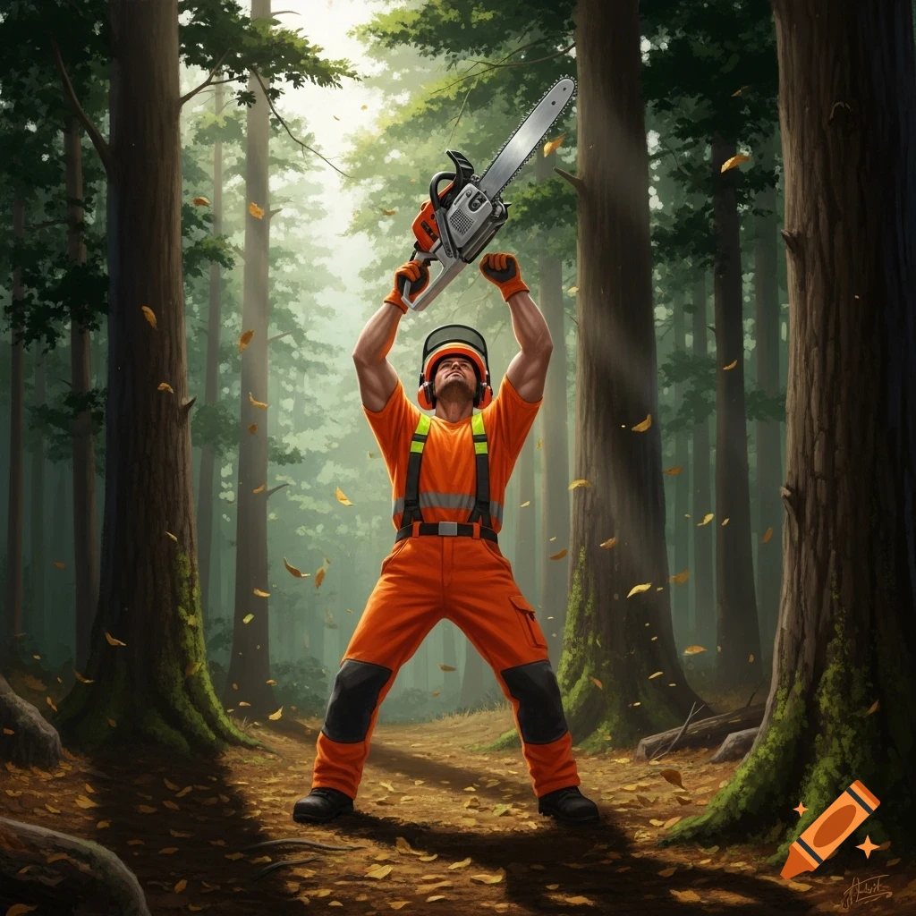 A man in orange work clothes and a hard hat holds a chainsaw above his head in a forest with falling leaves.