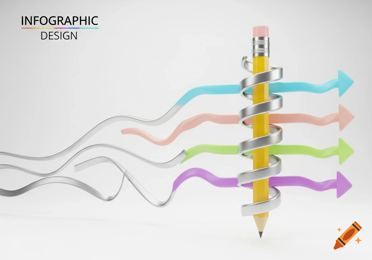 A yellow pencil with a silver spiral, surrounded by wavy pastel-colored arrows and lines against a white background, with 'INFOGRAPHIC DESIGN' text.