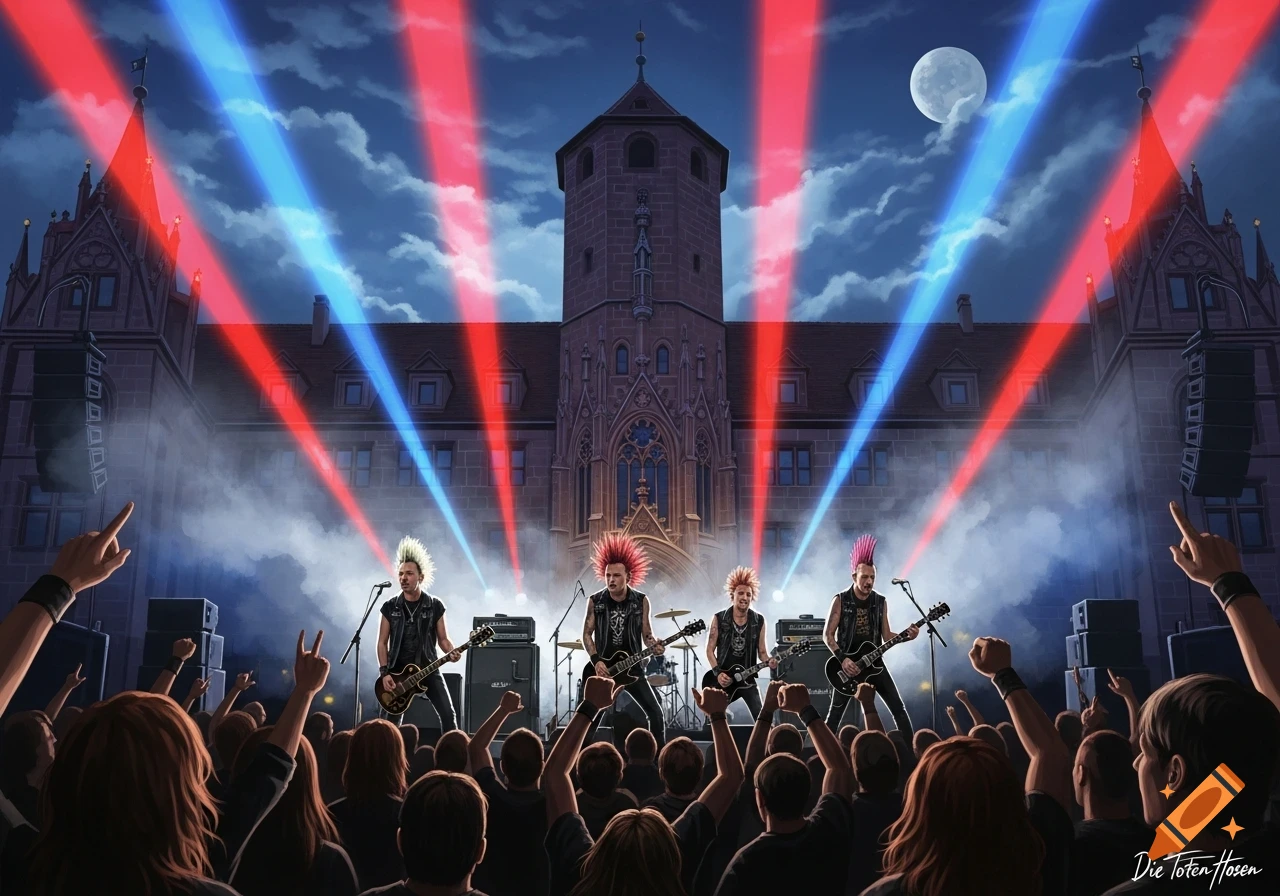 A punk rock band plays on stage under a full moon, bathed in red and blue lights, with a cheering crowd in front of a castle-like building.