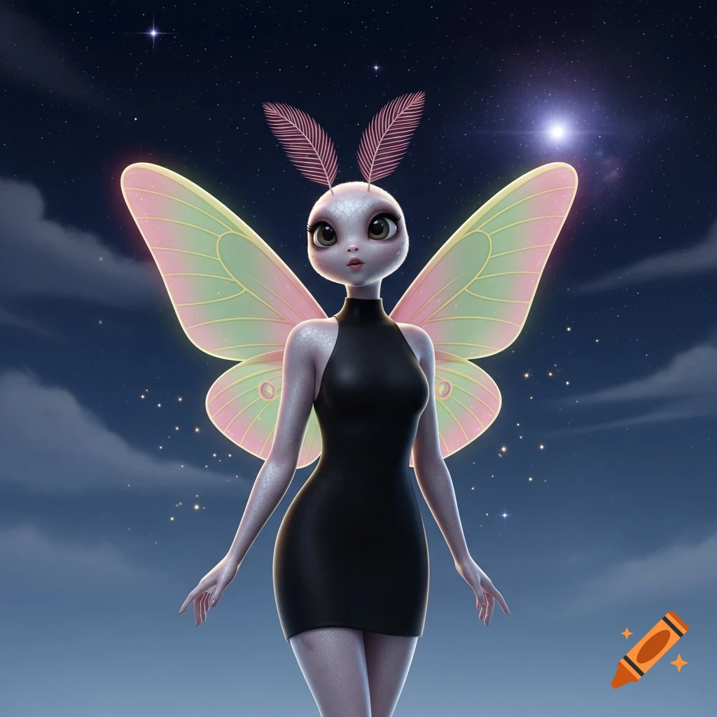 A cute alien moth girl with large pastel wings and feathery antennae wears a black dress, standing against a starry night sky.