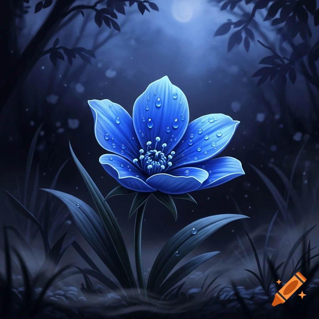 A vibrant blue flower with dewdrops glows in a dark, mystical forest under a full moon, stylized illustration.