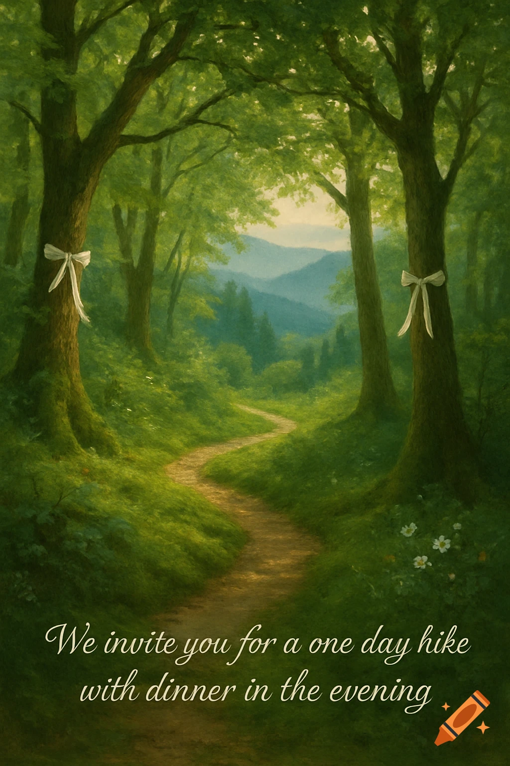 Tree Path Invitation A painterly forest path winds through lush green trees with white ...