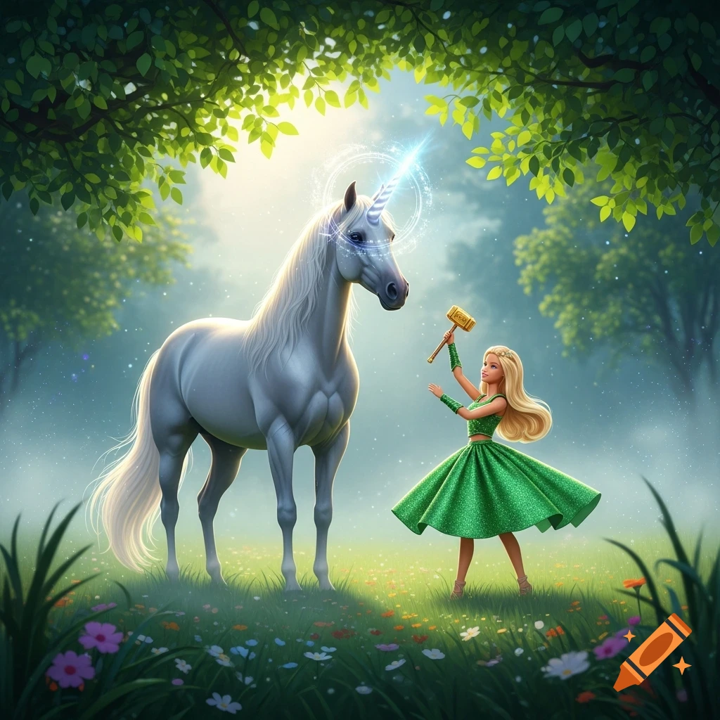 A white unicorn with a glowing horn stands next to a blonde doll in a sparkly green dress holding a golden hammer in a magical forest.