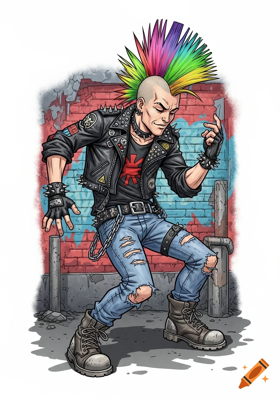 A cartoon punk character with a rainbow mohawk, leather jacket, and ripped jeans dances energetically against a graffiti-covered brick wall.