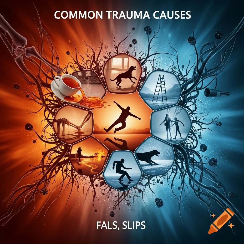 Illustrative diagram showing common trauma causes such as falls, hot liquid spills, dog bites, and other accidents, against an orange and blue background.