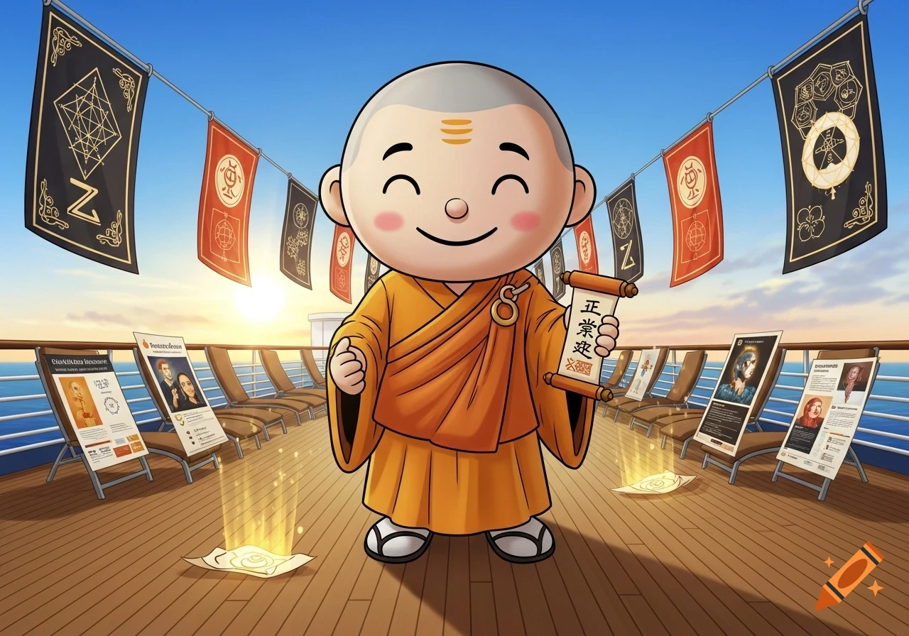 A cheerful cartoon Buddhist monk mascot stands on a cruise ship deck at sunset, holding a scroll with Japanese text. Flags with symbols are strung above the deck, and lounge chairs with posters featuring garbled text are visible.