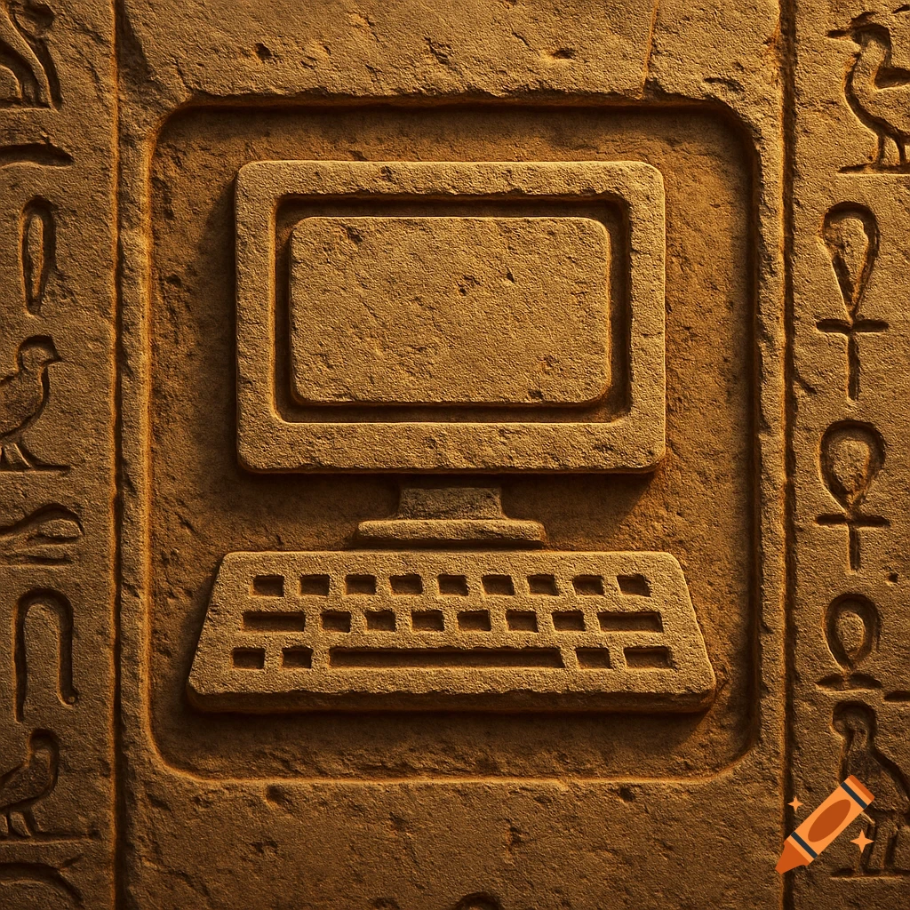 A computer and keyboard carved into an ancient Egyptian stone wall, surrounded by hieroglyphs.