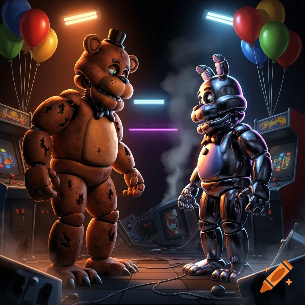 Freddy Fazbear and a metallic rabbit animatronic face each other in a dimly lit, damaged arcade with balloons and neon lights.