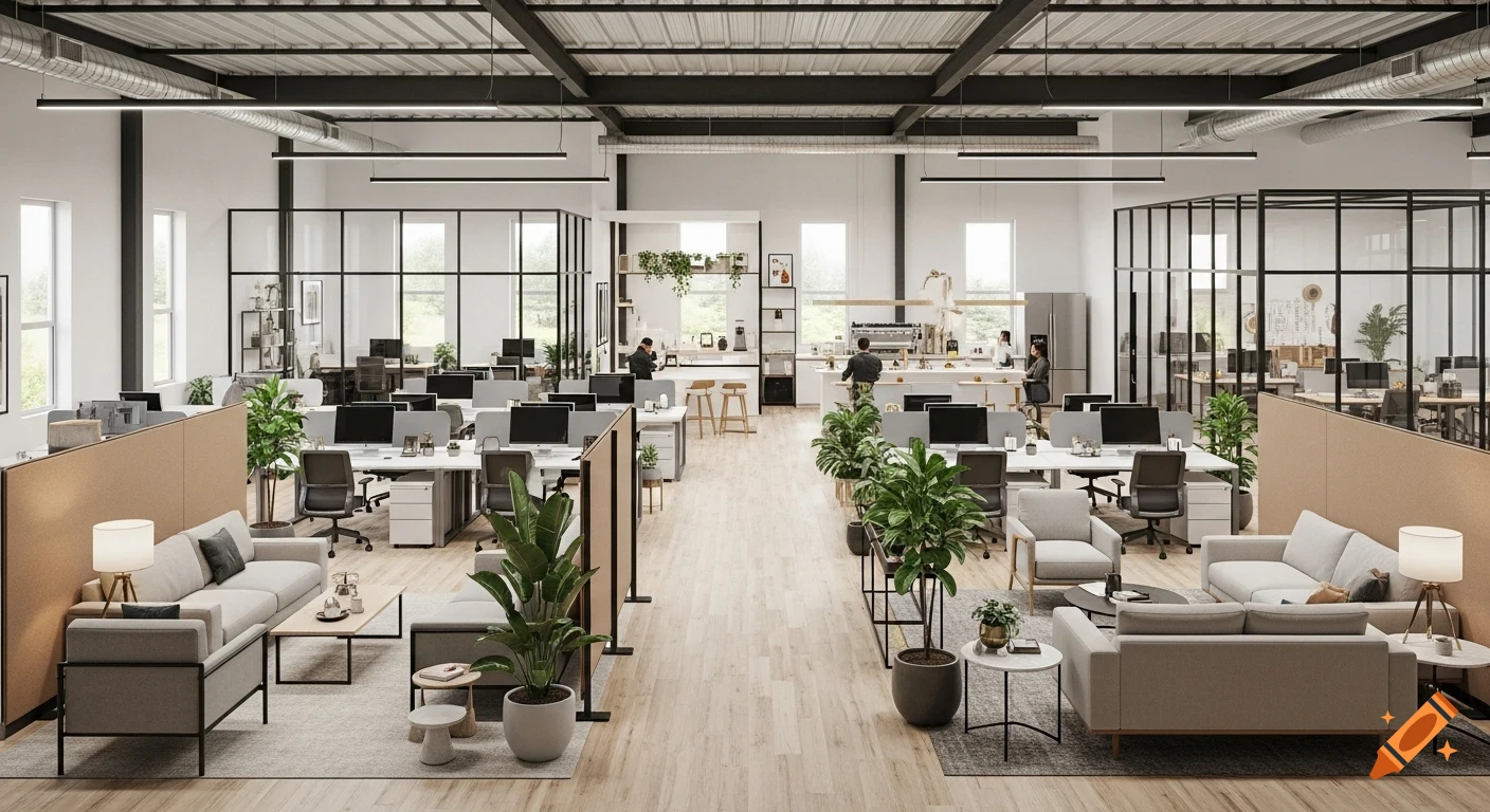 A modern, spacious open-plan office featuring workstations, collaborative areas with sofas, a kitchen, and abundant green plants under a high ceiling.