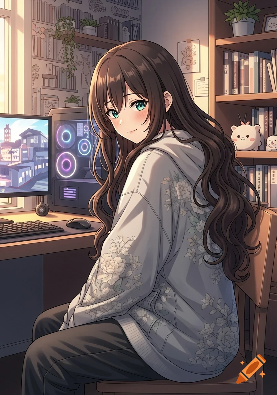 An anime girl with long brown hair and teal eyes, wearing a floral hoodie, sitting sideways at a desk with a computer and bookshelf in a cozy room.