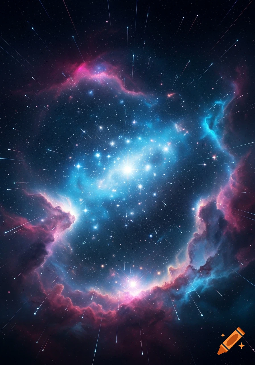 A vibrant blue and pink nebula surrounded by numerous streaking stars in a deep space setting.