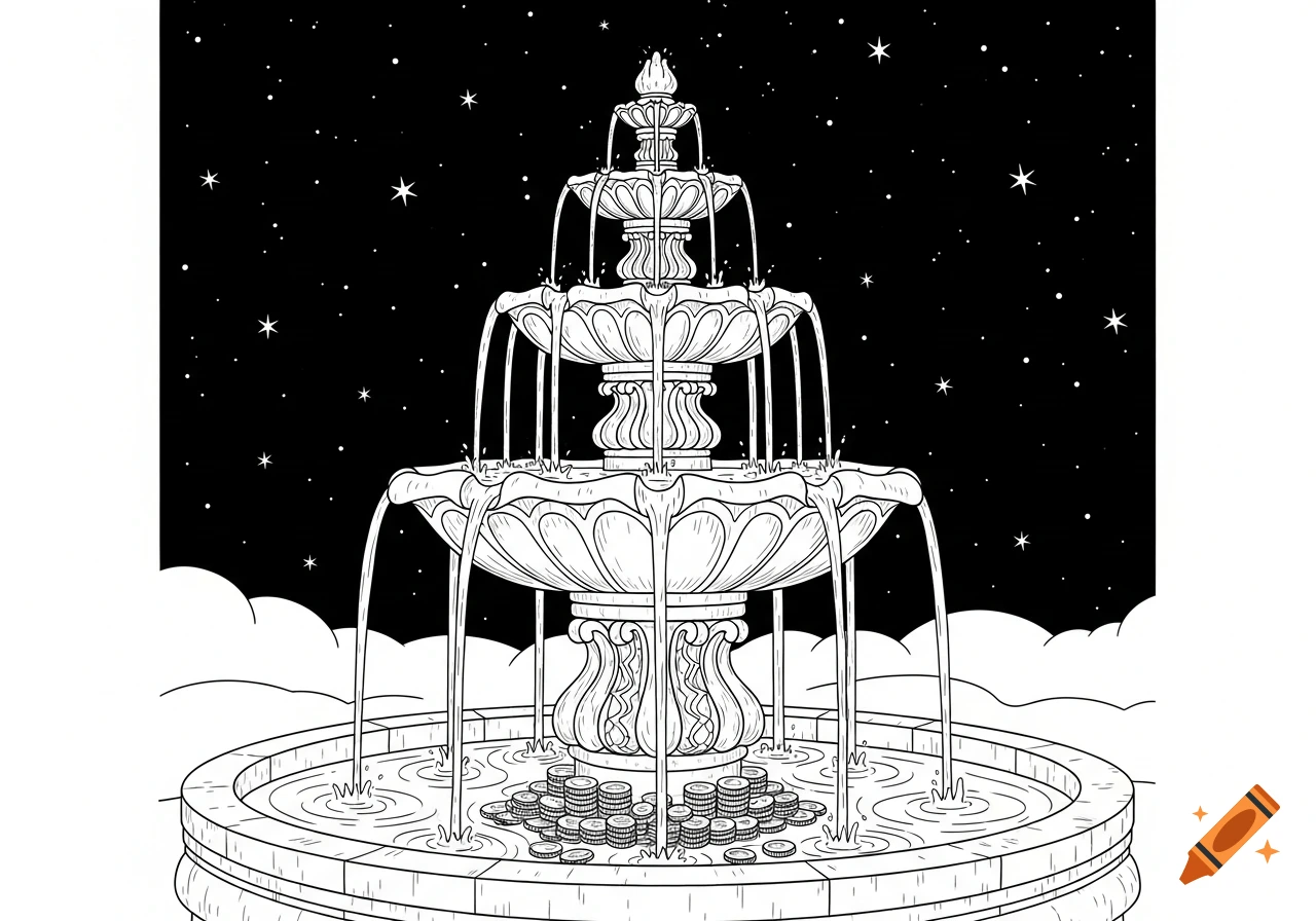 Black and white line drawing of a tiered wishing fountain with water flowing and coins in the basin, under a starry night sky.