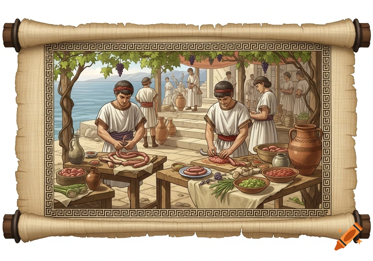 Illustration of ancient Greeks preparing sausages on tables by the sea, within a papyrus scroll frame.