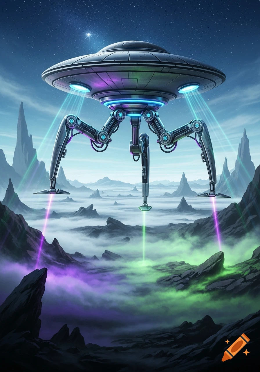 A futuristic UFO with multiple robotic legs hovers over a misty alien landscape, emitting purple and green light beams.