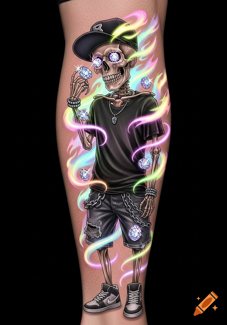 A colorful leg tattoo illustration of a skeleton in a cap and streetwear, surrounded by rainbow flames and holding diamonds.