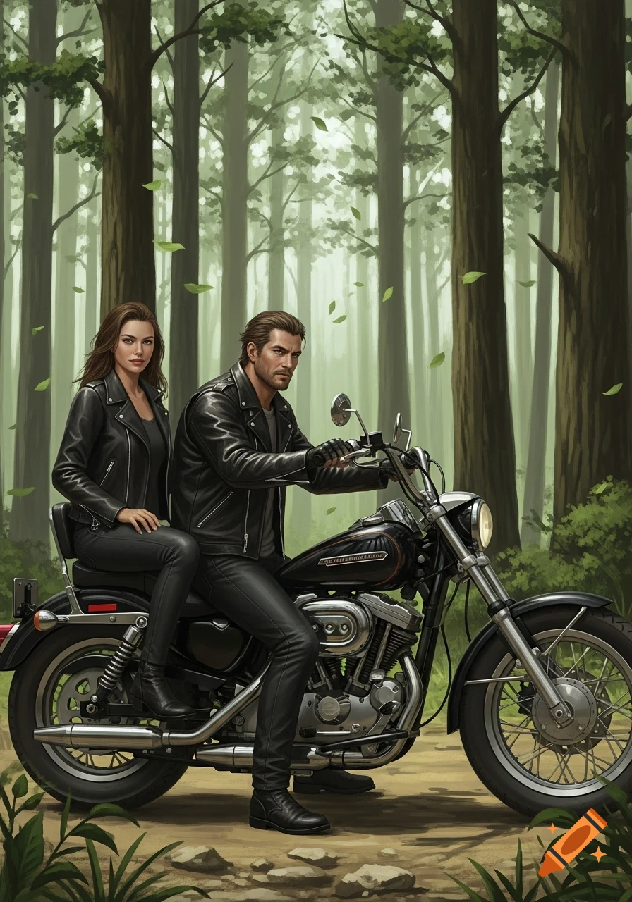 A man and a woman in black leather jackets and pants sit on a motorcycle in a forest, depicted in a realistic illustration style.
