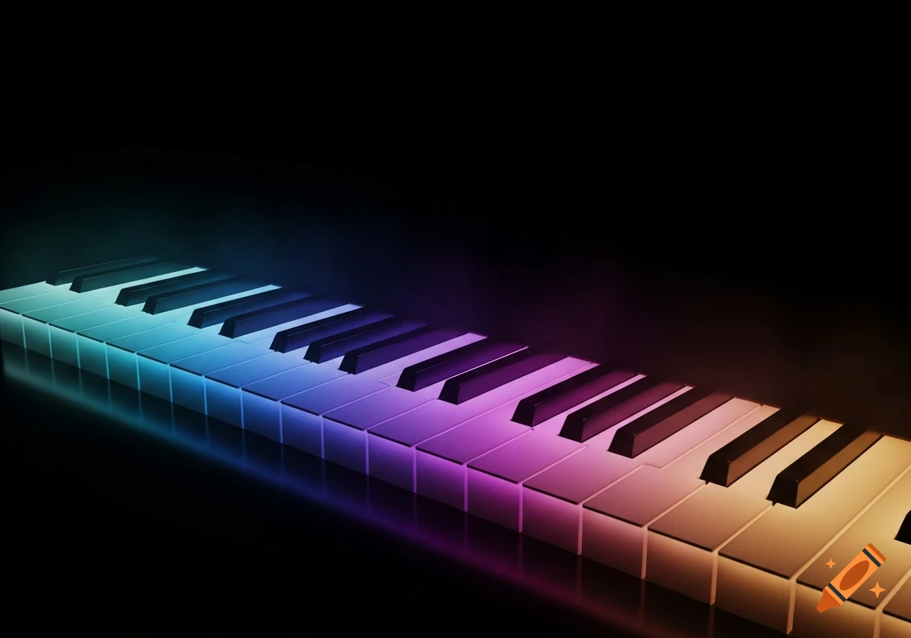 A close-up of a piano keyboard glowing with vibrant blue, purple, and orange light against a dark background.