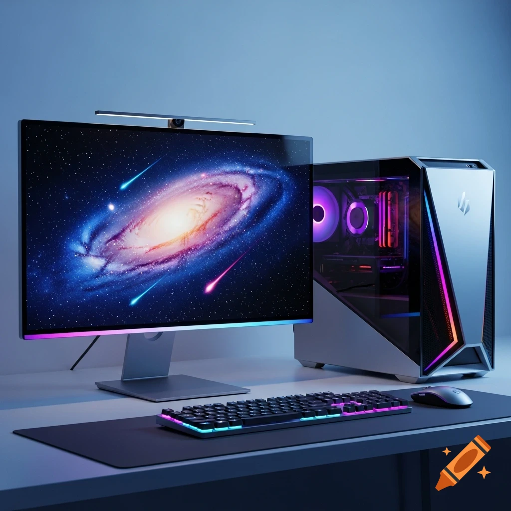 Modern gaming computer setup with a monitor showing a galaxy, RGB keyboard, mouse, and a sleek PC tower on a desk.
