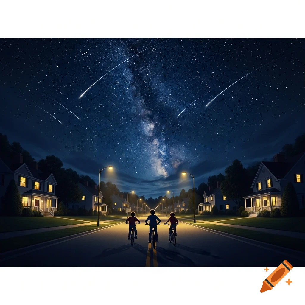 Three boys ride bikes down a suburban street at night under a dramatic Milky Way sky with shooting stars.