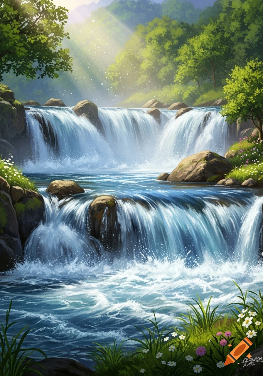 Lush green landscape featuring multiple cascading waterfalls, rocky streams, and sunlight rays, in a digital art style.