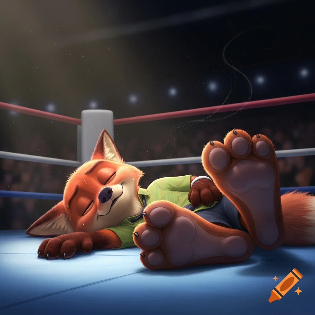 Animated fox Nick Wilde lies knocked out in a boxing ring, his large paw pads visible.