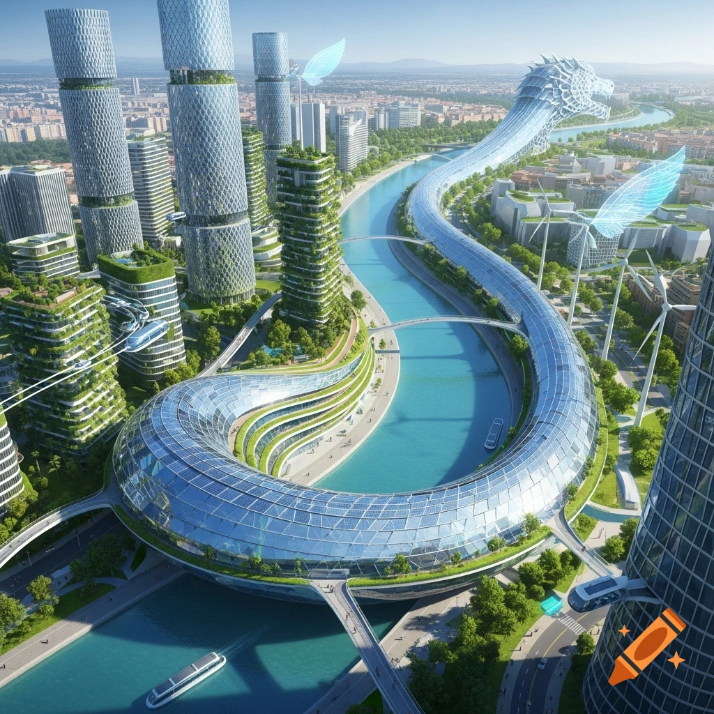 Aerial view of a futuristic city with green skyscrapers, a river, and a long, glass dragon-shaped building winding through it.