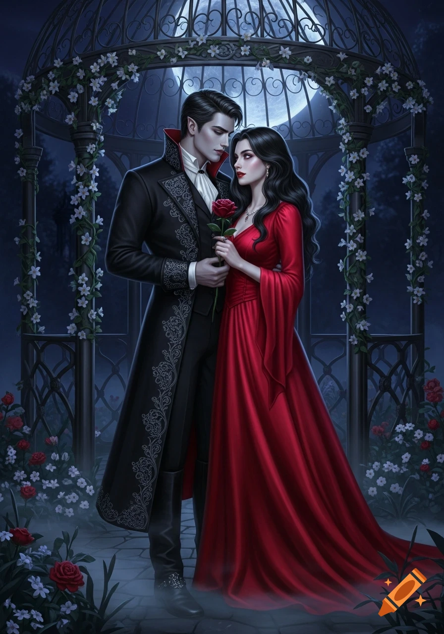 A romantic fantasy art of a vampire couple in gothic attire holding a red rose under a moonlit gazebo.