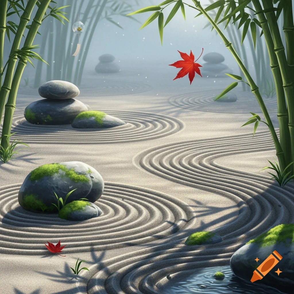 A serene zen garden with raked sand, mossy rocks, green bamboo, and a floating red maple leaf.