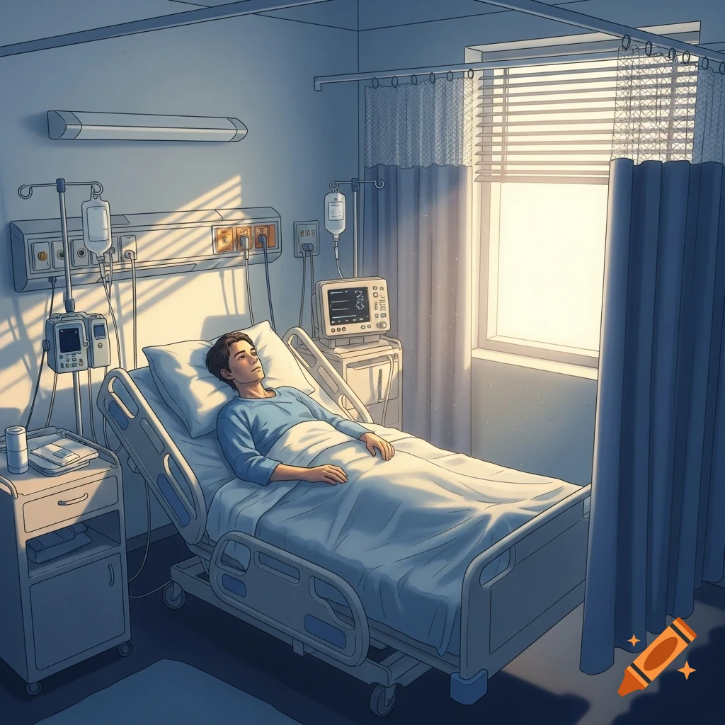 Illustrated person in a hospital bed looks towards a bright window in a calm room.