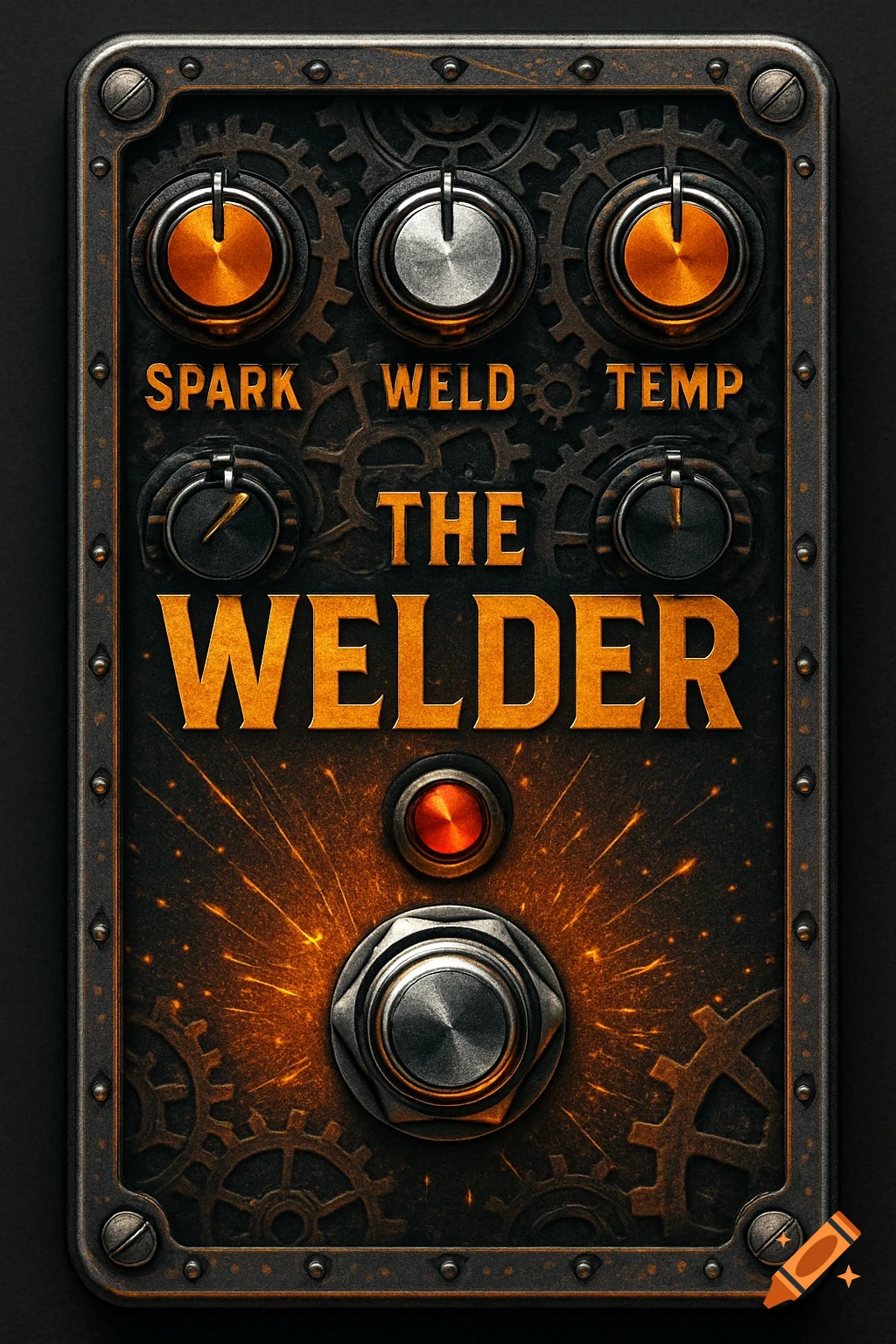 An illustration of a dark, metallic guitar distortion pedal named "The Welder" with orange glowing accents, gears, and five knobs labeled Spark, Weld, and Temp.
