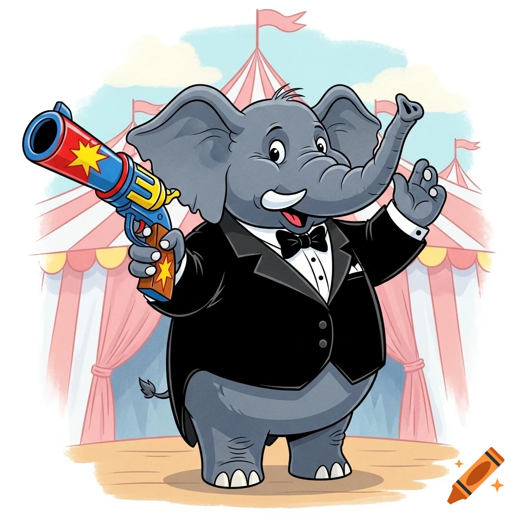 A humorous, round cartoon elephant in a black tuxedo and bow tie, holding an oversized colorful toy pistol in front of circus tents.