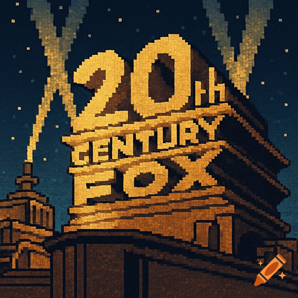 An 8-bit pixel art rendition of the 20th Century Fox logo against a starry night sky.