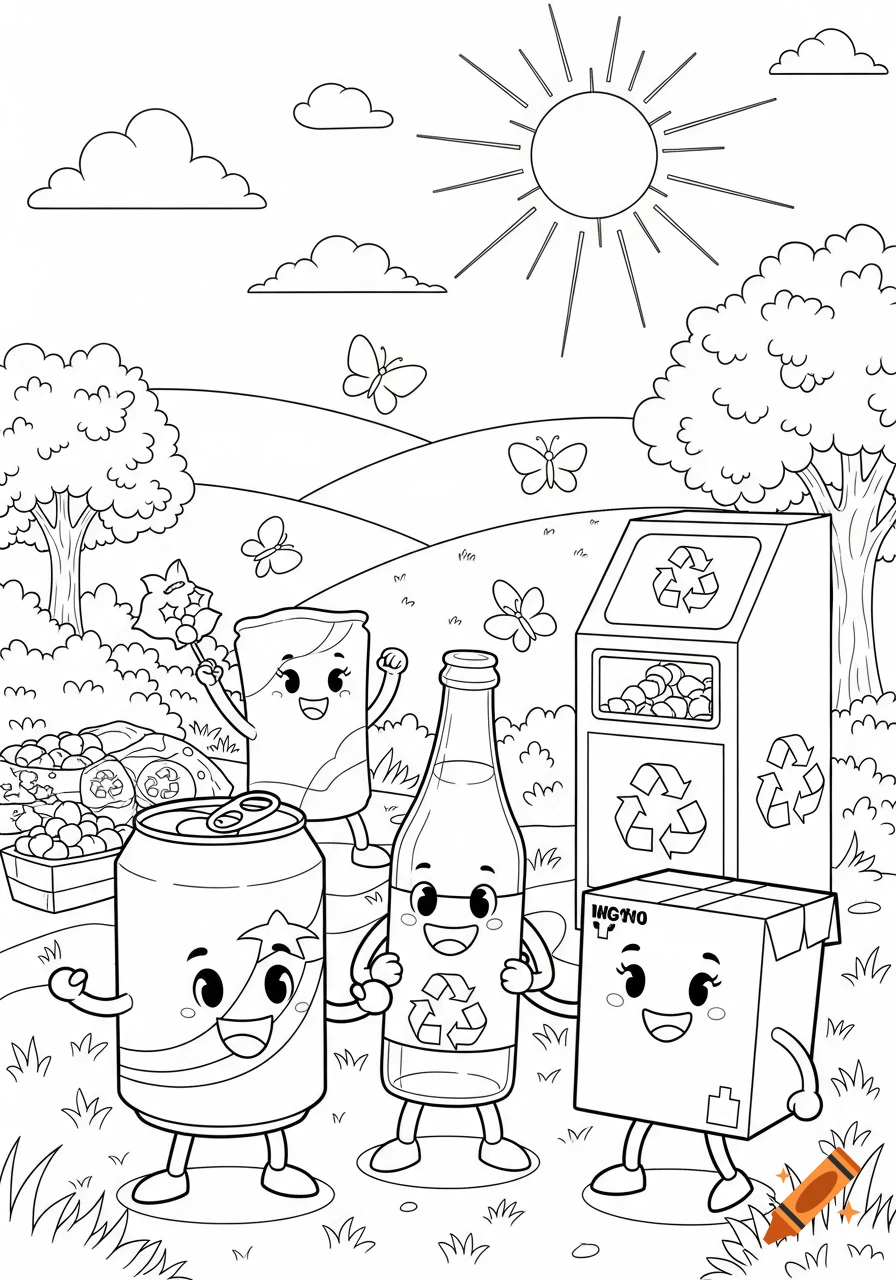 A cartoon coloring page shows anthropomorphic recycling items (can, bottle, box, cup) holding hands with a recycling bin in a sunny landscape.