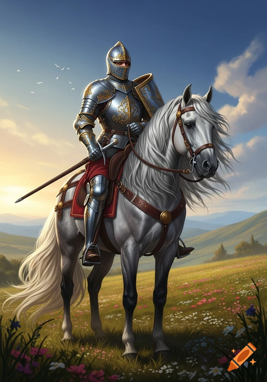 A knight in shining ornate armor with a sword rides a white horse through a vibrant field of wildflowers at sunset.