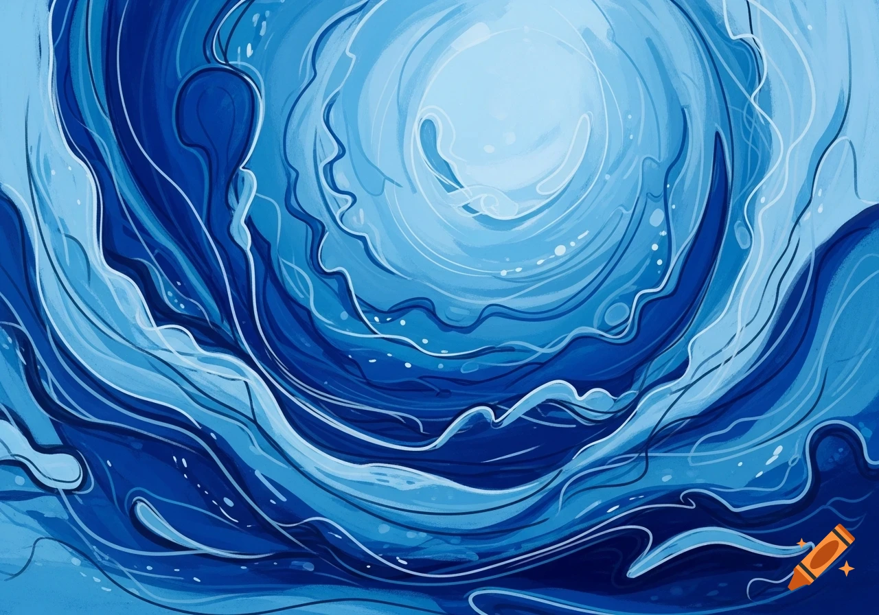 Abstract painting with swirling blue waves and white highlights, resembling ocean currents.