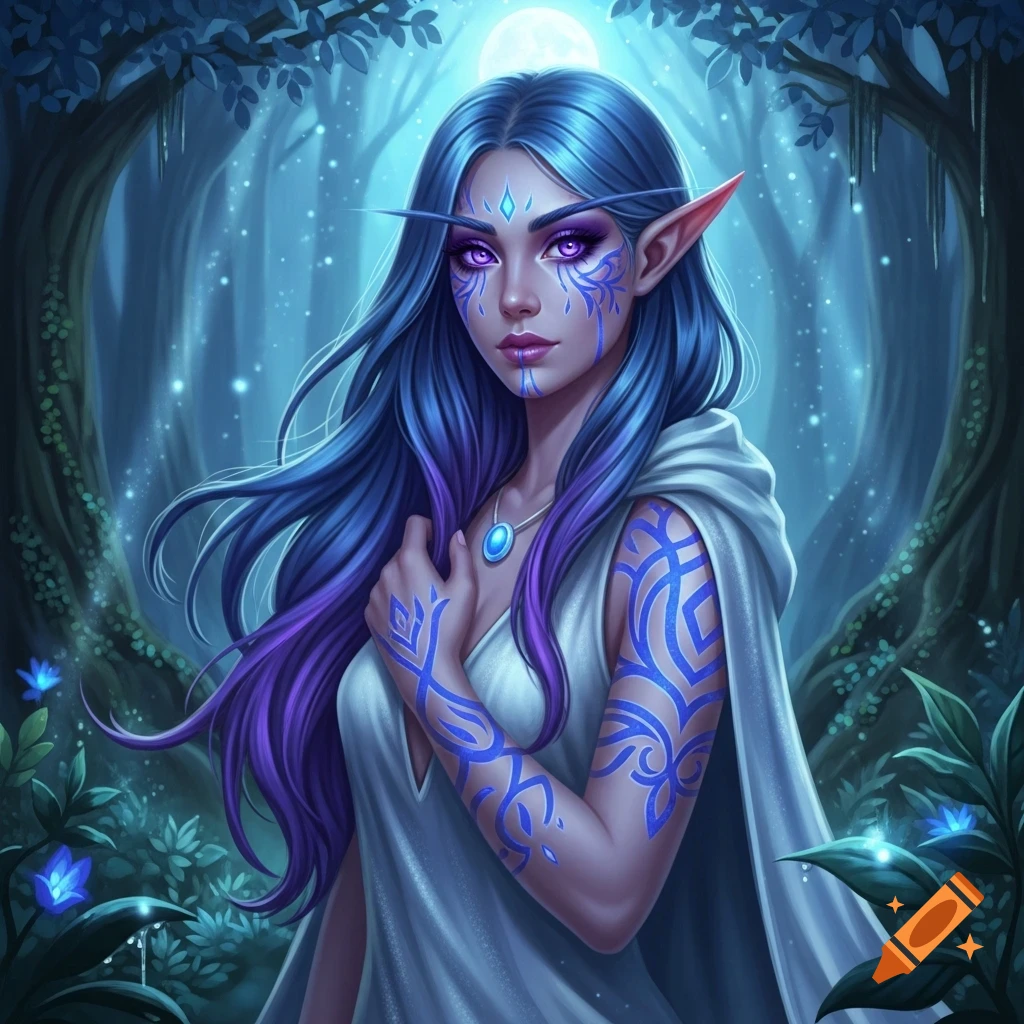 A mystical female elf with long blue and purple hair, purple eyes, and blue and purple tattoos stands in a moonlit forest.