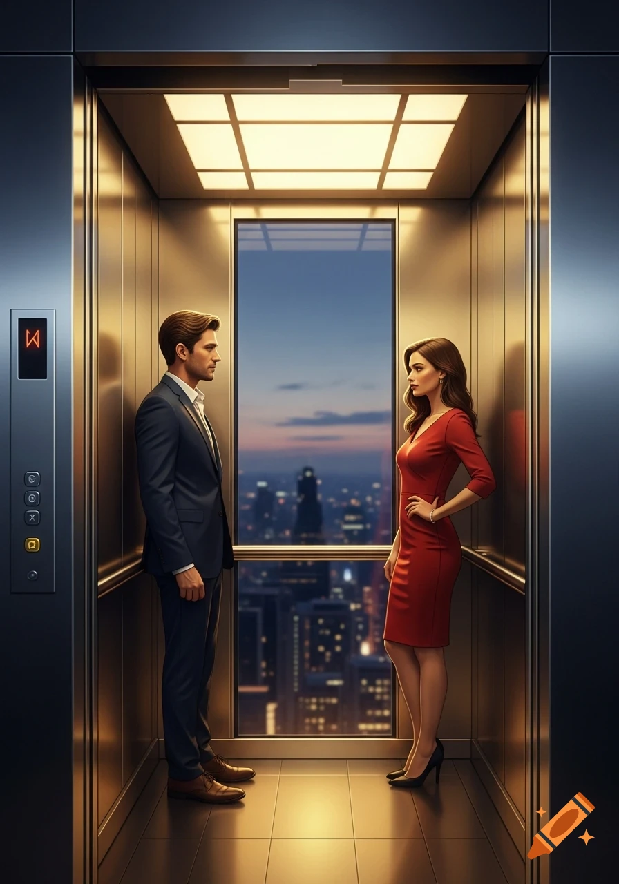 A man and woman in business attire stand opposite each other in a modern elevator with a cityscape view at dusk.
