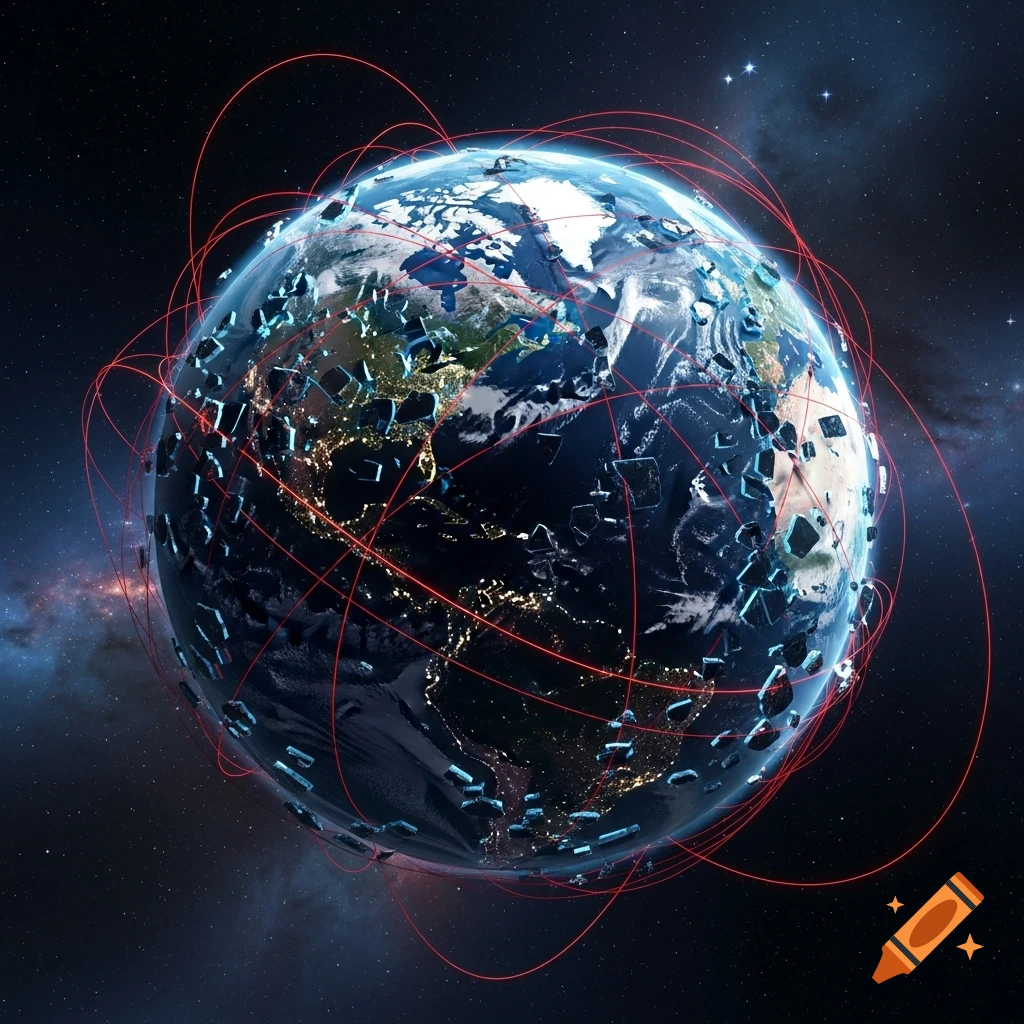 Shattered Earth in outer space, with continents glowing at night and red lines connecting fragments.