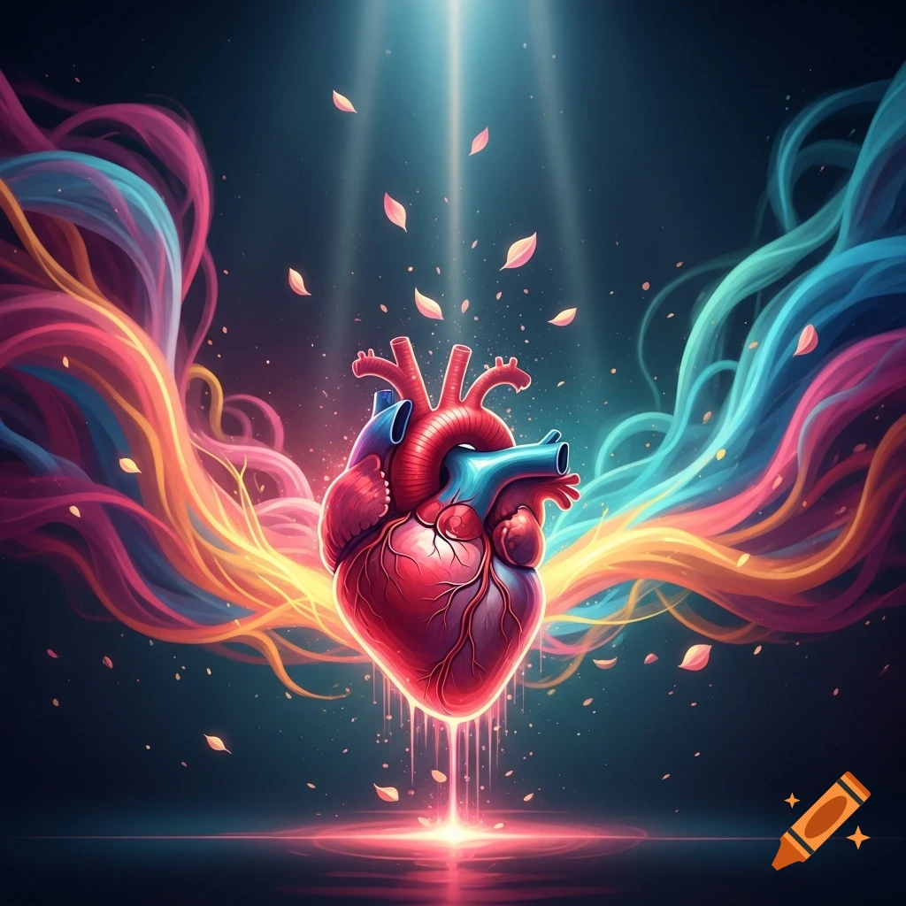 A glowing, stylized anatomical heart at the center, surrounded by vibrant, flowing colorful light trails, with light rays from above and reflection below.