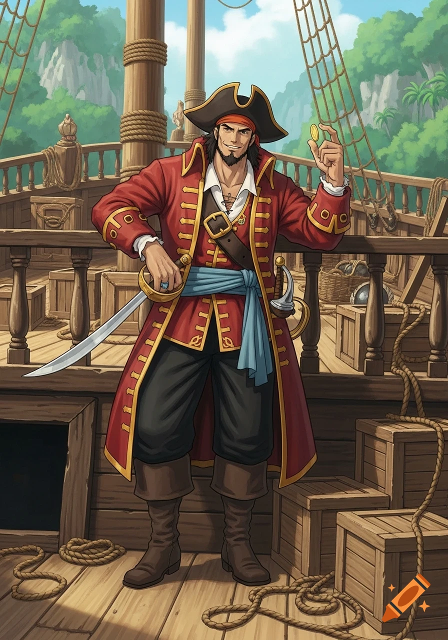 A Ghibli-inspired pirate in a red coat stands on a ship deck, holding a sword and flicking a gold coin, with a jungle cove in the background.