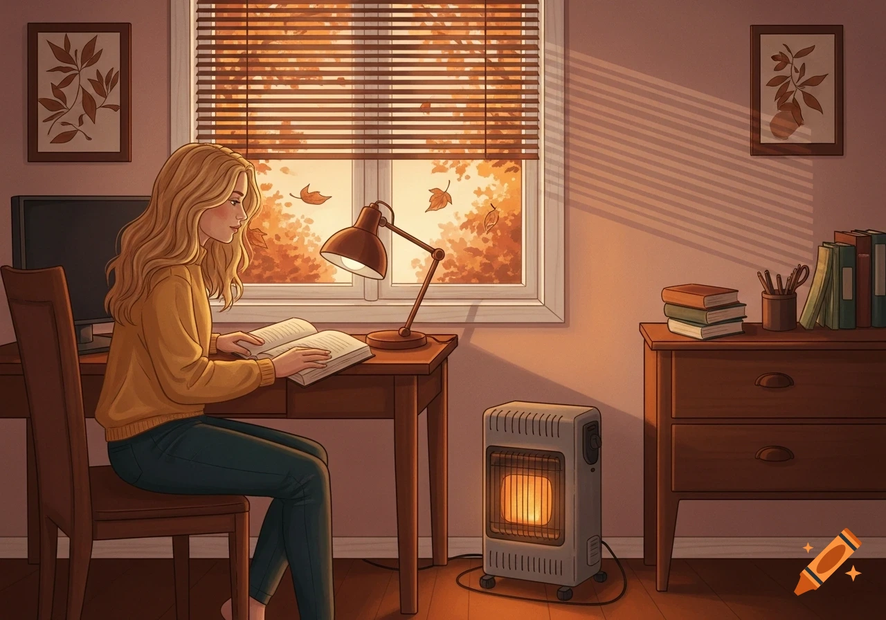 Blonde woman reads a book at a desk in a cozy room with a space heater. Autumn leaves visible outside the window, digital illustration.