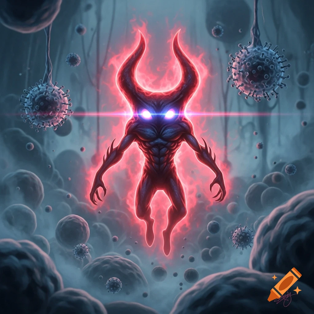 A red glowing horned creature with bright eyes floats among microscopic cells in a dark, misty environment, digital art.