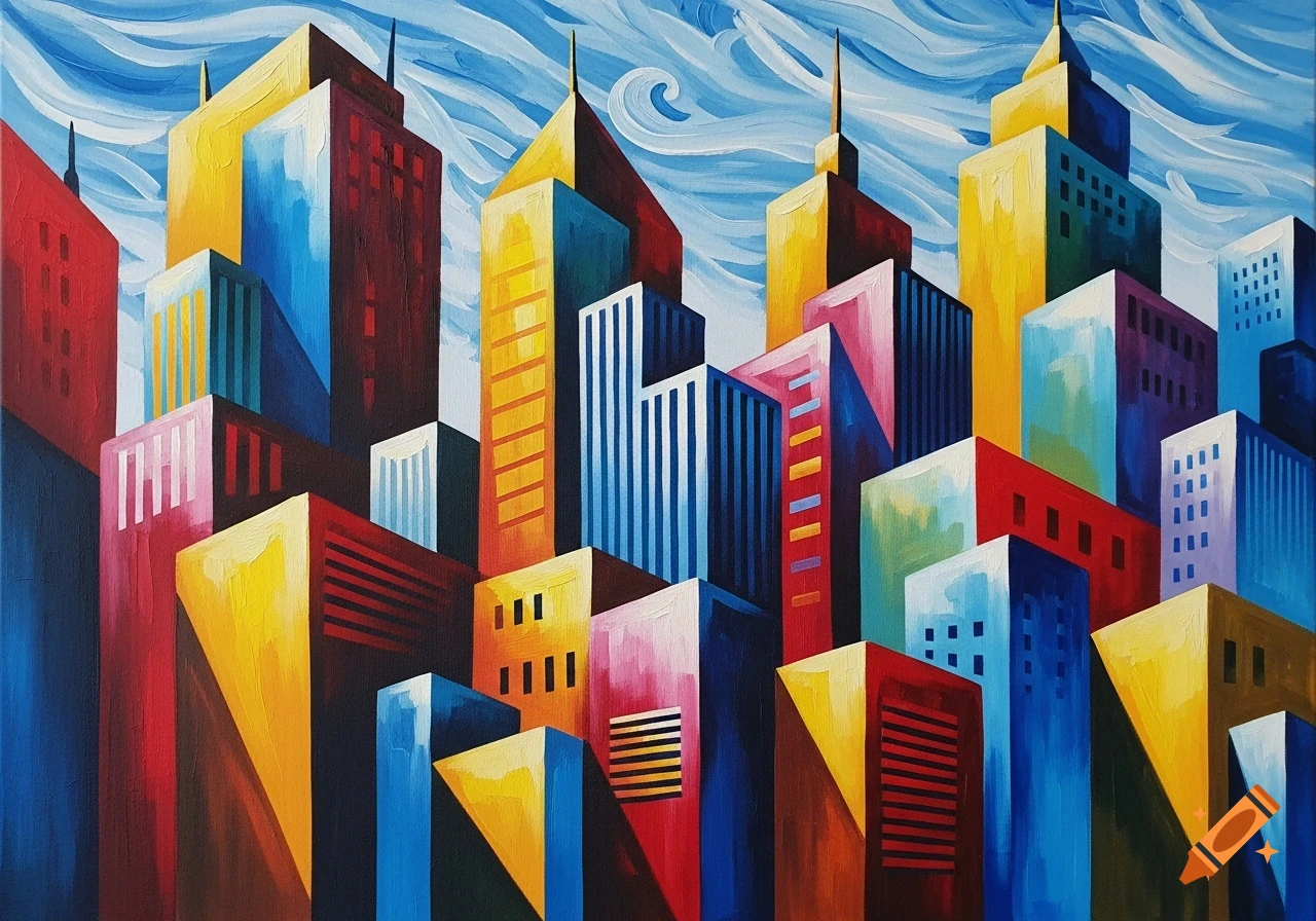A vibrant cubist painting of a cityscape with geometric buildings in red, blue, yellow, and pink under a swirling blue sky.