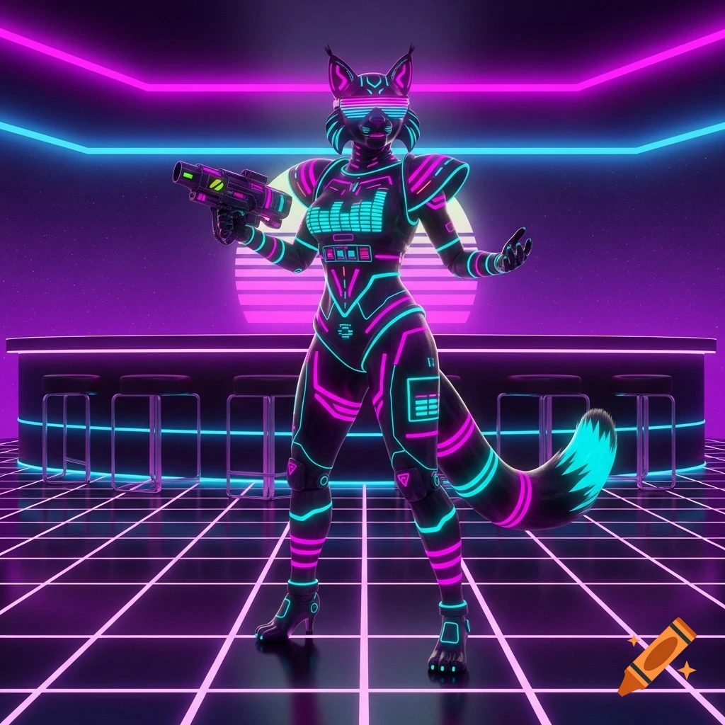 A neon lynx character in a cyberpunk club, wearing glowing armor and holding a laser gun, bathed in pink and blue light.