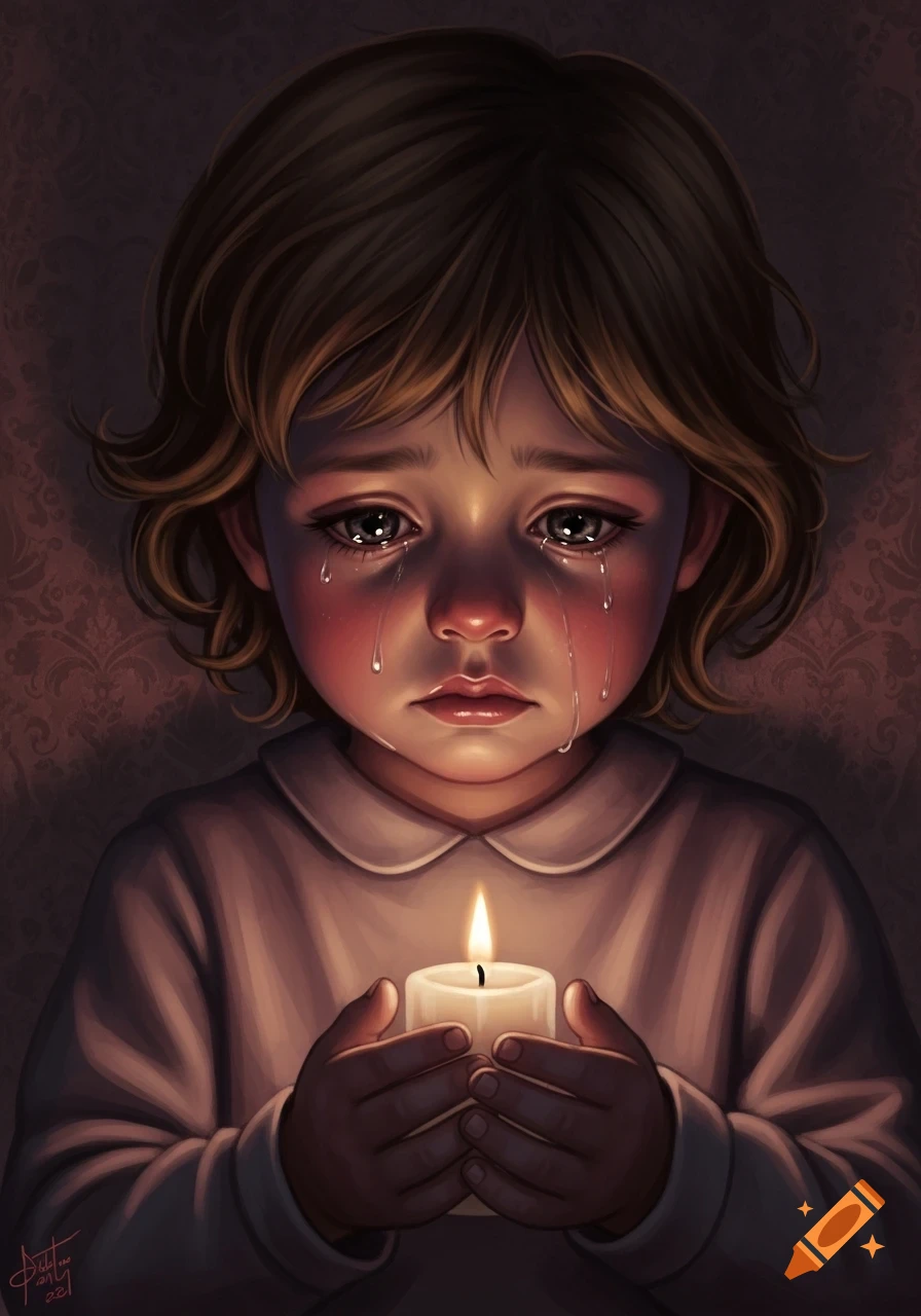 Stylized illustration of a crying child with brown hair, holding a lit candle in cupped hands against a dark patterned background.