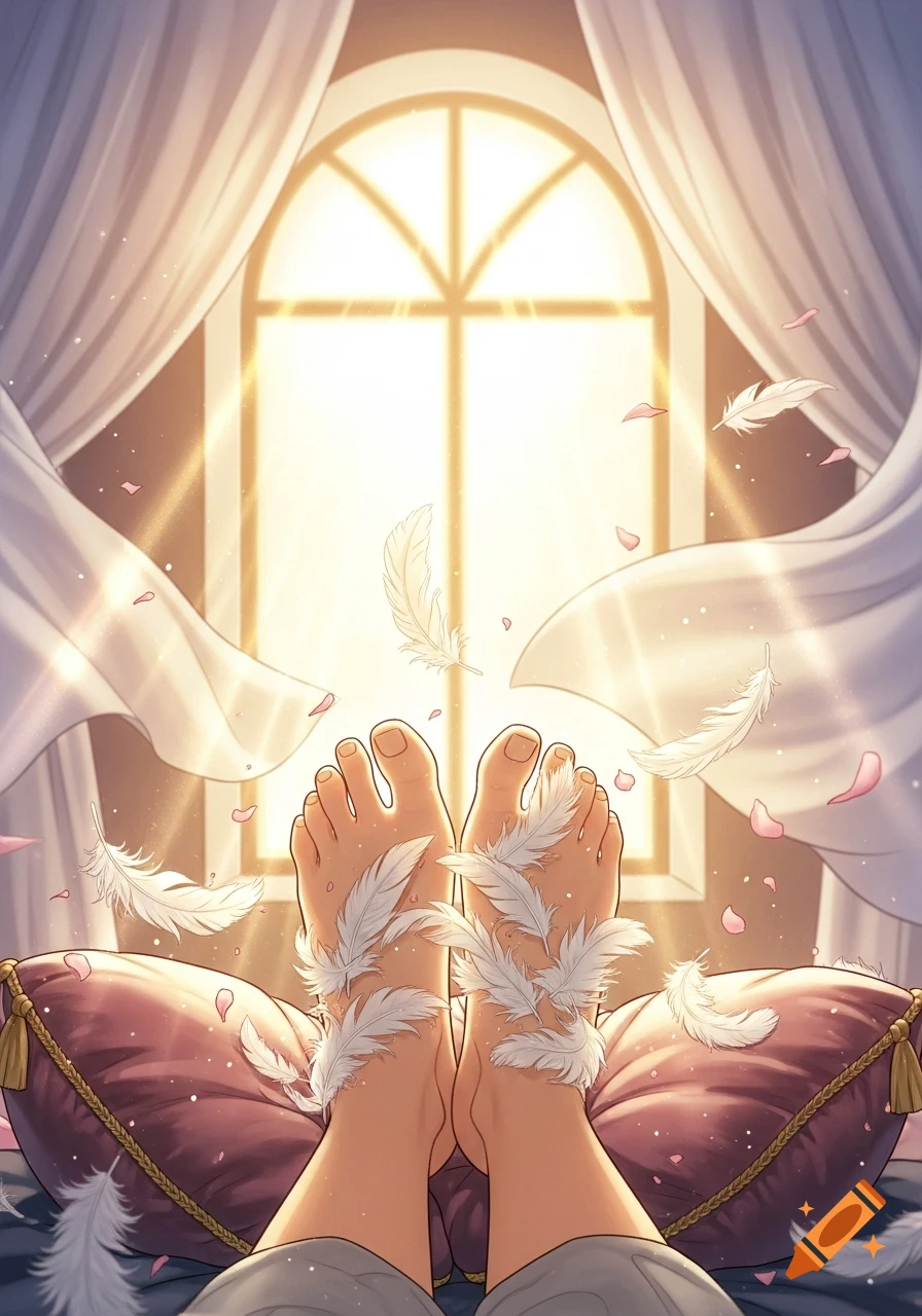 Close-up of bare feet resting on purple pillows, surrounded by white feathers and sunlight streaming through a window.